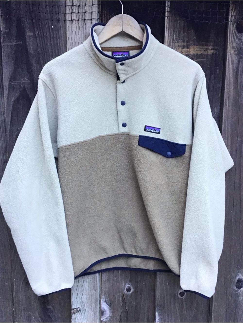 Patagonia Synchilla Snap T Fleece Pullover Mens Small Tan Blue Classic